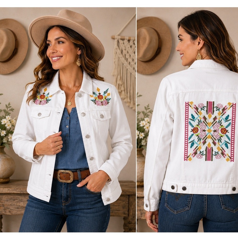 Collections Etc White Embroidered Floral Denim Jacket Medium Boho Western Cotton